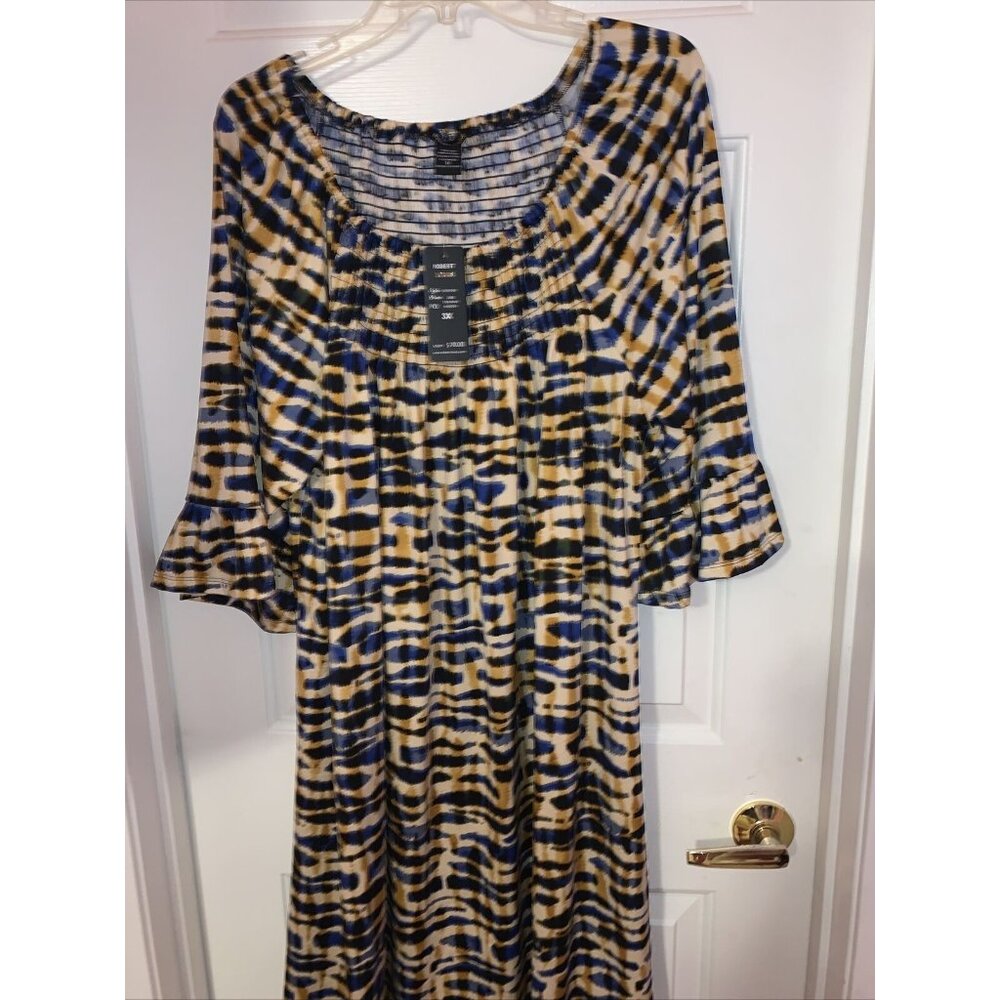 NWT Robert Louis Tan/blue Printed‎ Puff Sleeve Maxi Dress Size 3x - Picture 2 of 4